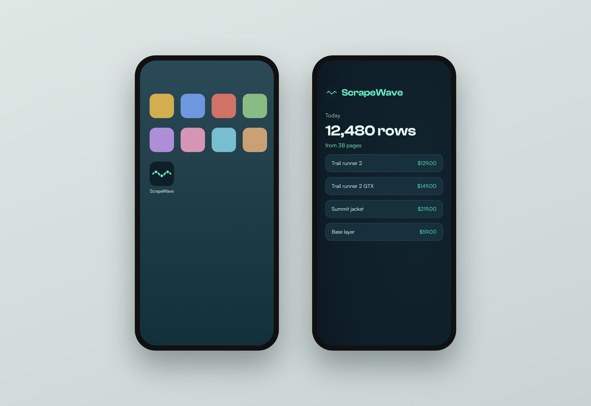 ScrapeWave app icon and app, from its launch kit