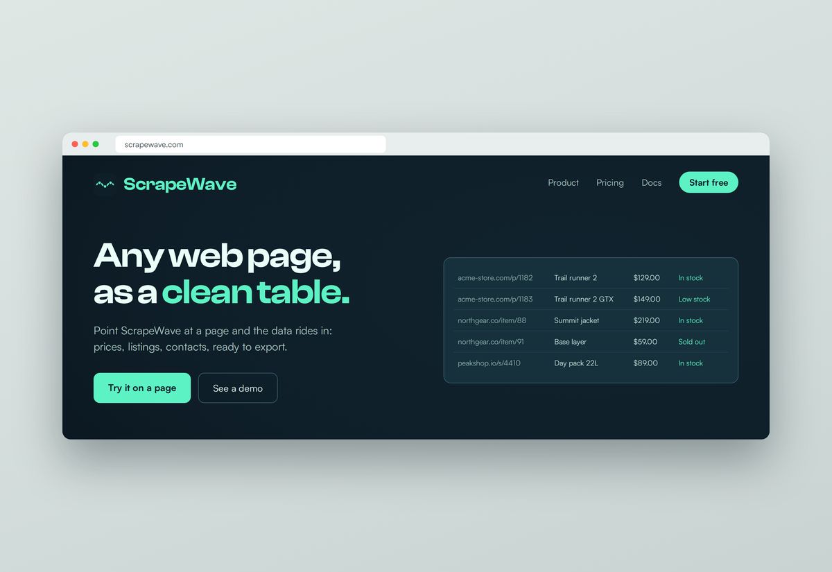 ScrapeWave website, from its launch kit